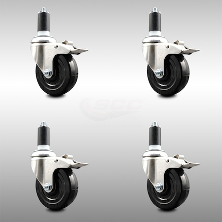 Service Caster 4 Inch 316SS Hard Rubber Wheel Swivel 1-3/8 Inch Stem Caster Set Lock Brake SCC SCC-SS316TTLEX20S414-HRS-138-4